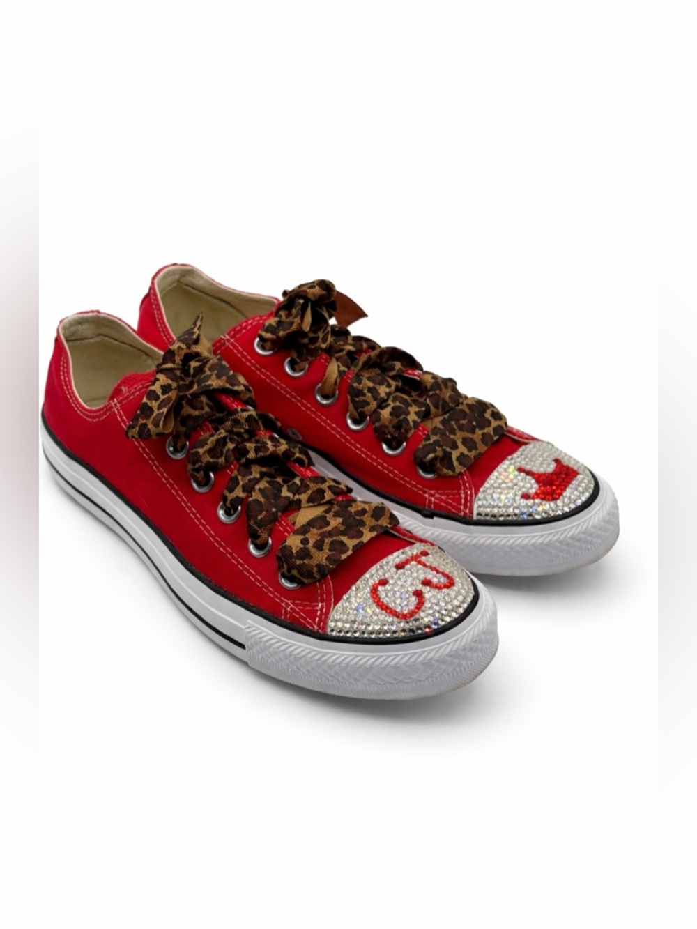Custom Red Converse Sneakers w/ Leopard Laces & Rhinestone Low Top Chuck Taylors - Picture 3 of 16